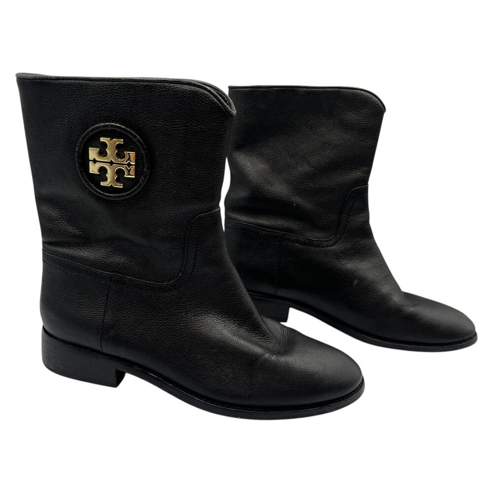Tory Burch Hallie Mid Shaft Leather Moto Riding Boots Booties Black Size 6.5M